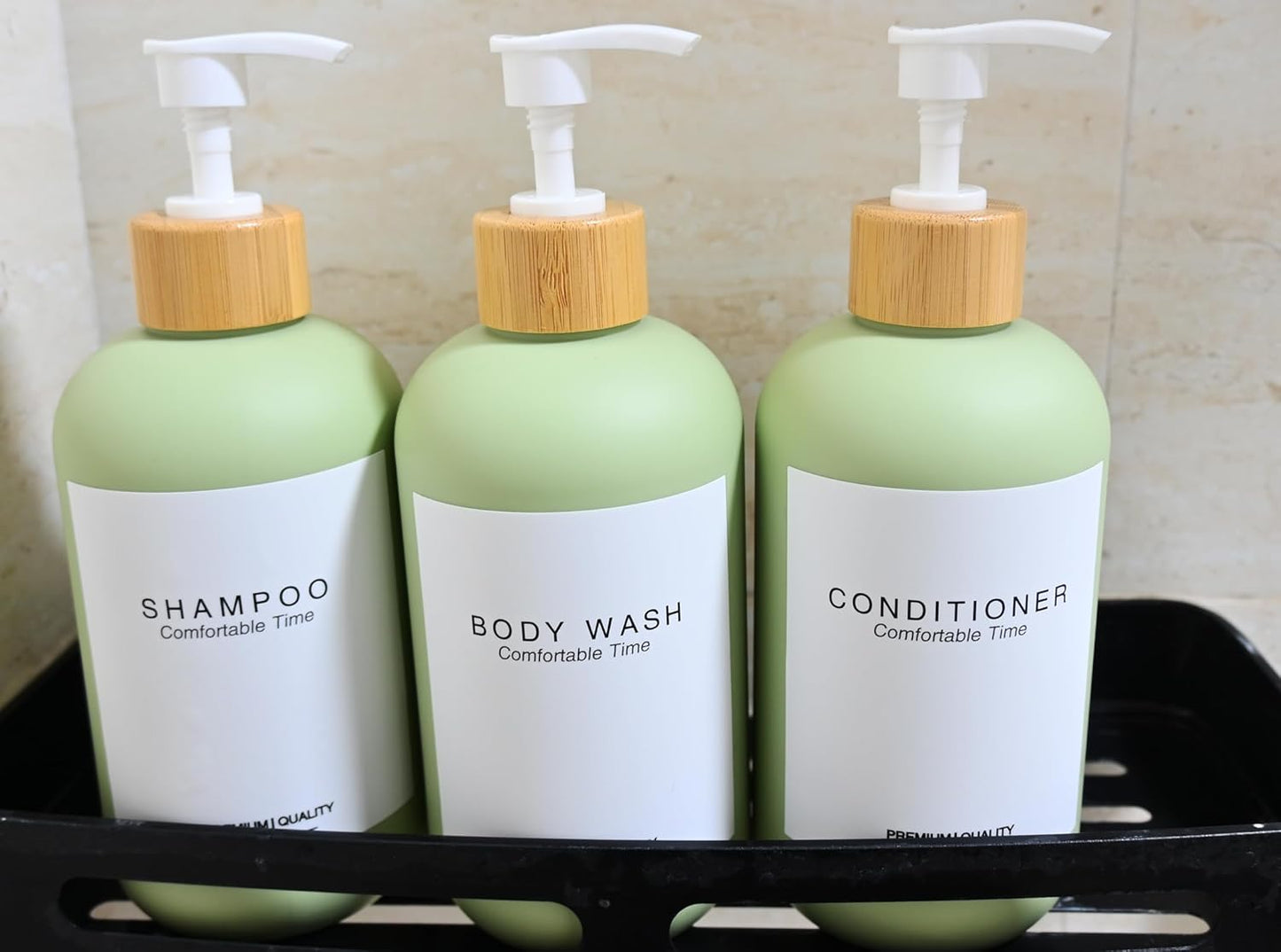 Shampoo and Conditioner Bottles, Refillable Shampoo Bottles with 6 Waterproof Labels, Apothecary Dispenser for Shampoo Lotion Oil Shower Soap Hand Soap and Dish Soap (Matcha Green)