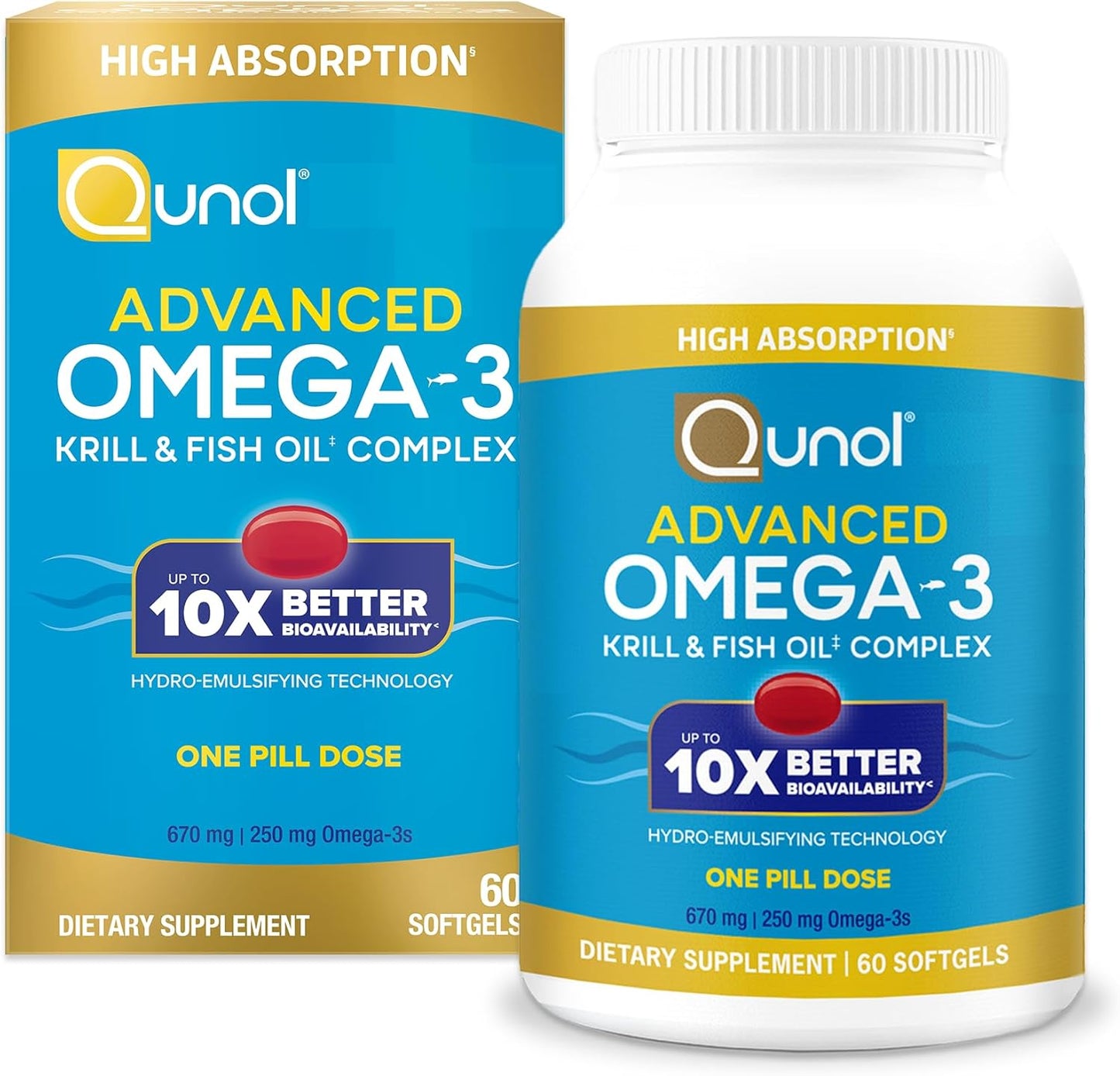 Qunol Advanced Omega 3 Krill and Fish Oil Complex, 10x Better Bioavailability, One Pill Dose, 250mg EPA & DHA, Supports Brain, Eye, Heart and Joint Health, 60 Count