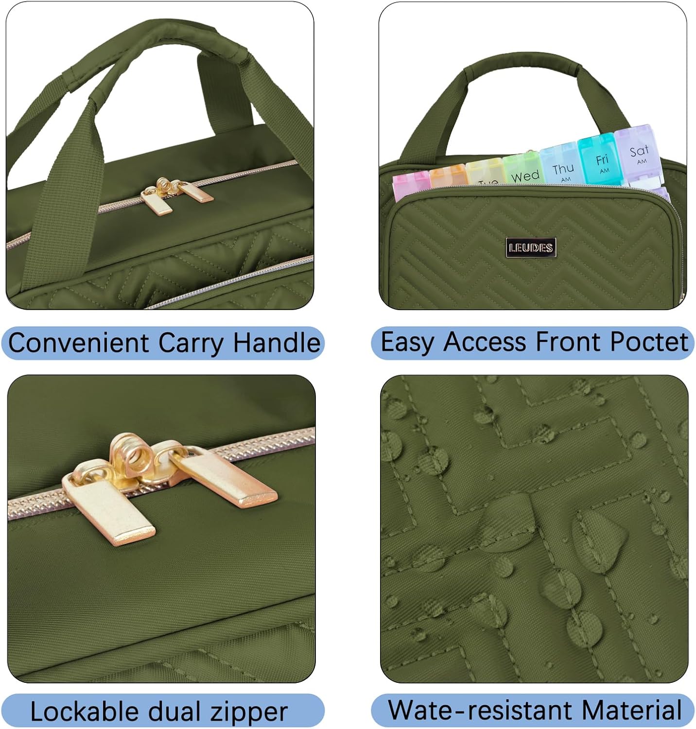 Leudes Travel Pill Bottle Organizer,Medicine Organizer and Storage,Home Medication Bag, Cases,Carrier for Pills,Vitamin,Fish Oil,Supplements for Women and Men (Medium, Army Green)