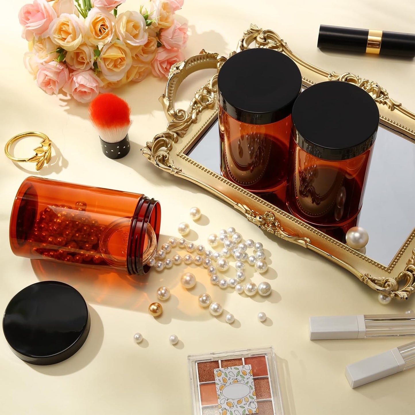 SATINIOR 12 Pack 12 oz Plastic Container Jars with Lids Round Clear Travel Cosmetic Container Slime Jars for Toiletries, Lotion, Cream, Ointments, Makeup, Rhinestone, Samples, Kitchen Storage(Amber)