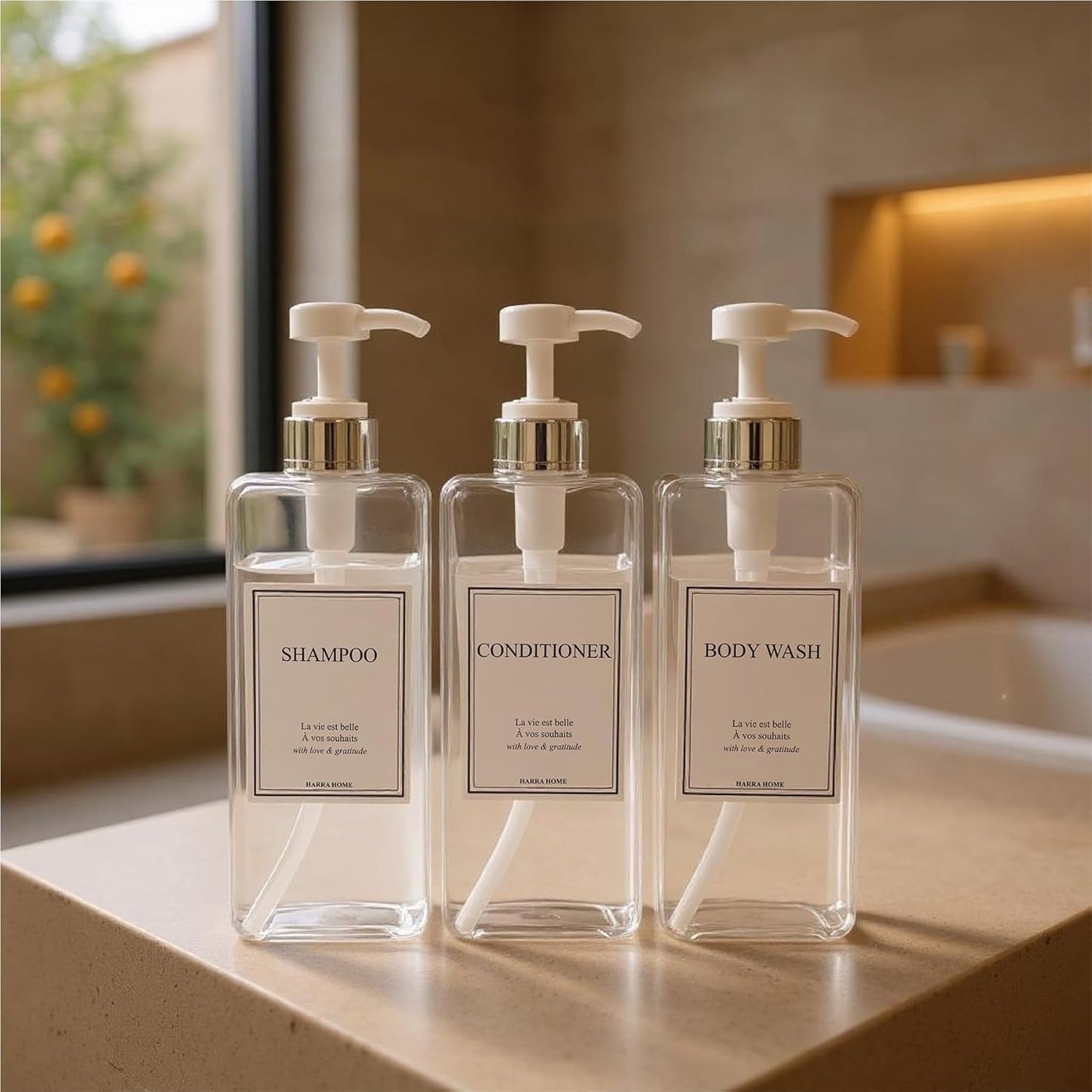 Modern Design Large 27 oz Shampoo and Conditioner Dispensers - Empty Plastic Refillable Pump Bottle Set for Bathroom Shower Soap Dispenser, Set of 3 (Clear & Silver)