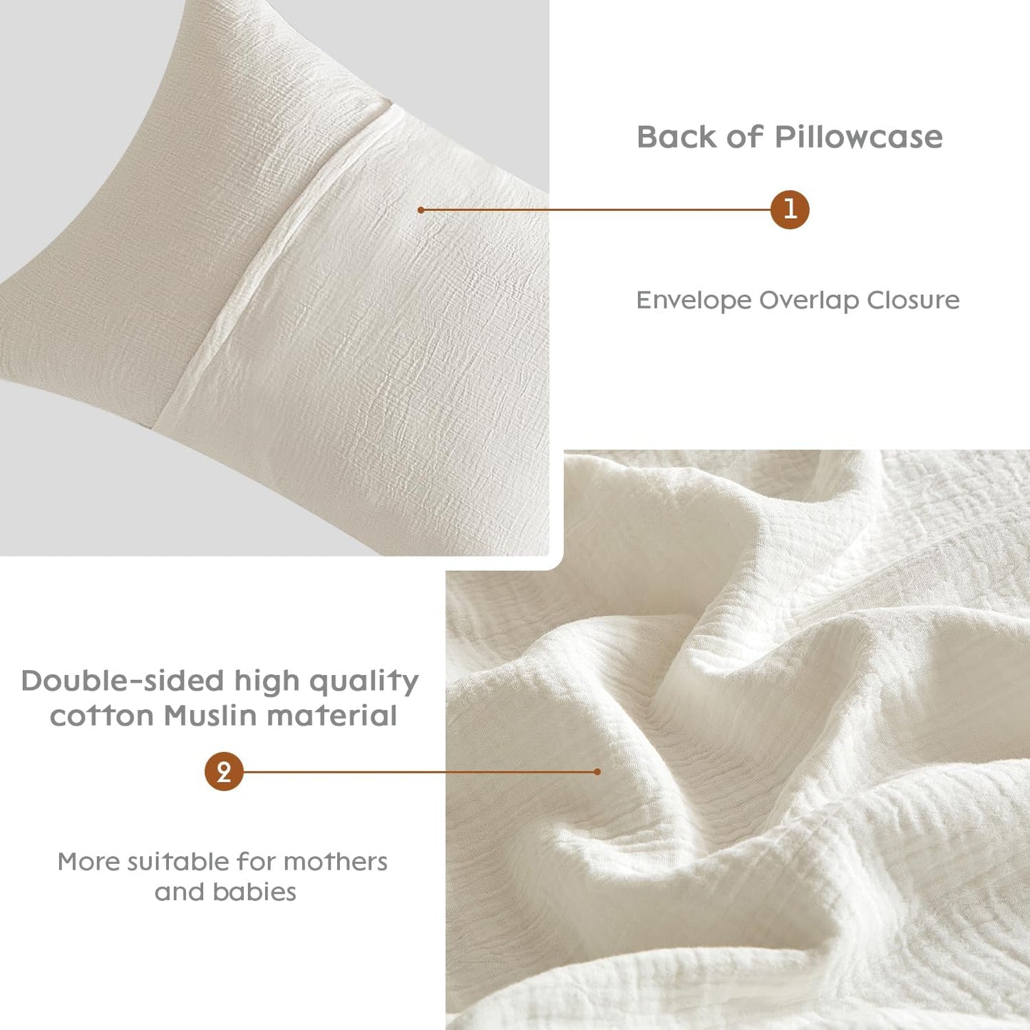 SE SOFTEXLY Muslin Pillowcases Queen Size 100% Cotton, 2 Pack Linen Like Pillow Shams with Envelope Closure, Ultral Soft and Breathable Pillow Case Covers, White, 20" X 30", No Filling
