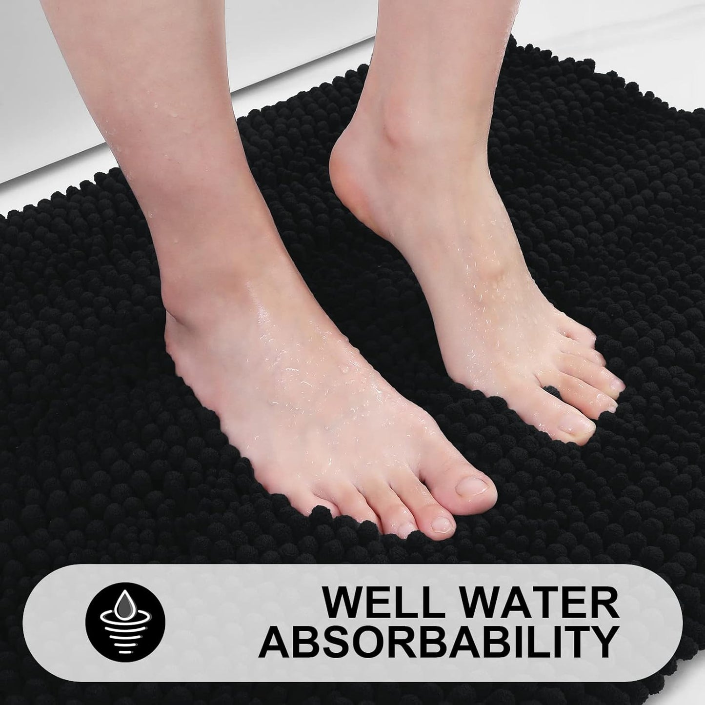 Grandaily Chenille Striped Bathroom Rugs 70x24, Extra Thick and Absorbent Bath Mats, Non-Slip Soft Plush Shaggy Shower Carpet, Machine Wash Dry, Bath Rug for Bathroom, Black