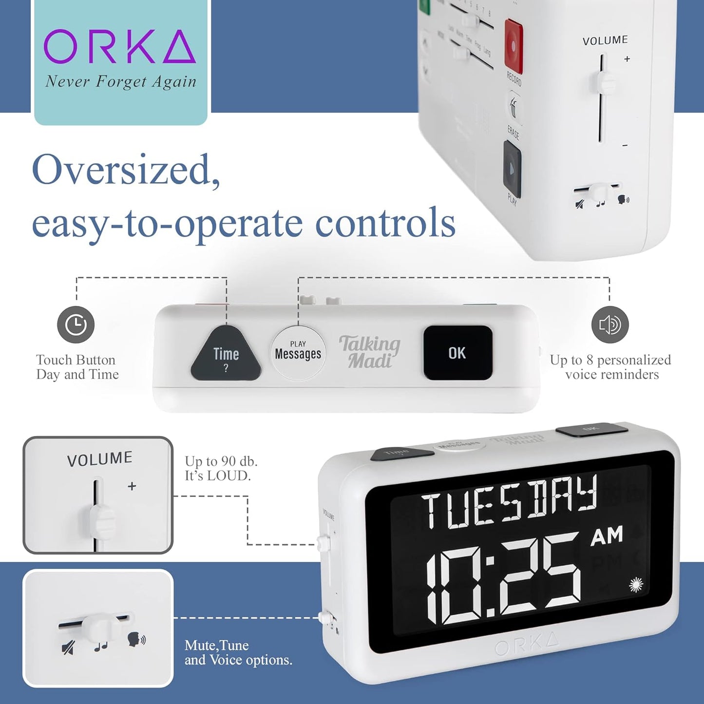 ORKA Talking Clock. Voice Recordable Ex Large Medication Pill Reminder. Talking Alarm Clock for Dementia, Hearing, Visually impaired Seniors-Digital Day Clock with Multiple Customized Alarms White