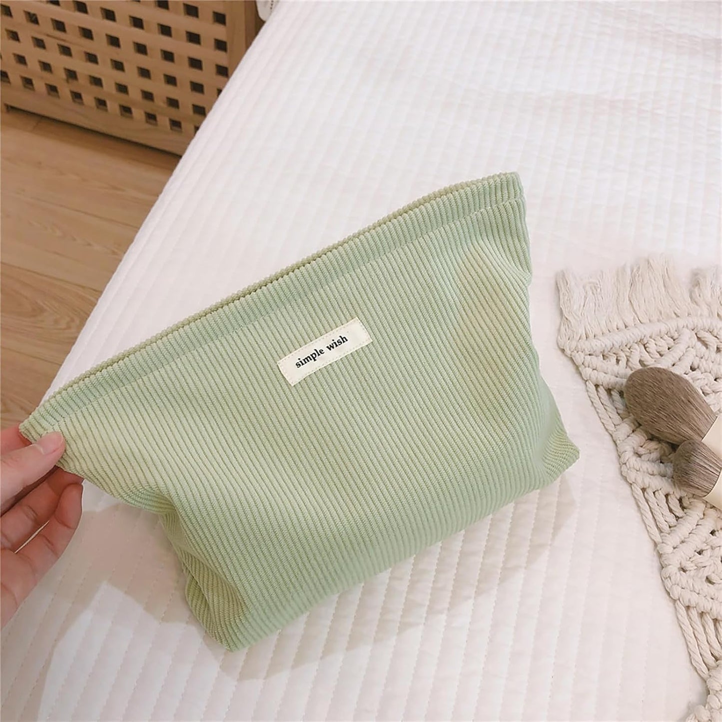 Wudygirl Travel Makeup Bag Portable Cosmetic Bags Large Capacity Makeup Bag Organizer for Women Corduroy Makeup Pouch Pencil Pouch Zipper (Light Green)