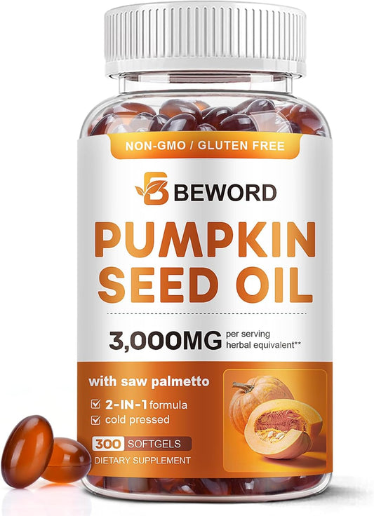 Pumpkin Seed Oil with Saw Palmetto Softgels, 3000mg Per Serving, 300 Softgels | Cold-Pressed with Essential Fatty Acids & Phytosterols | Supports Hair, Urinary, Bladder & Prostate Health | Non-GMO