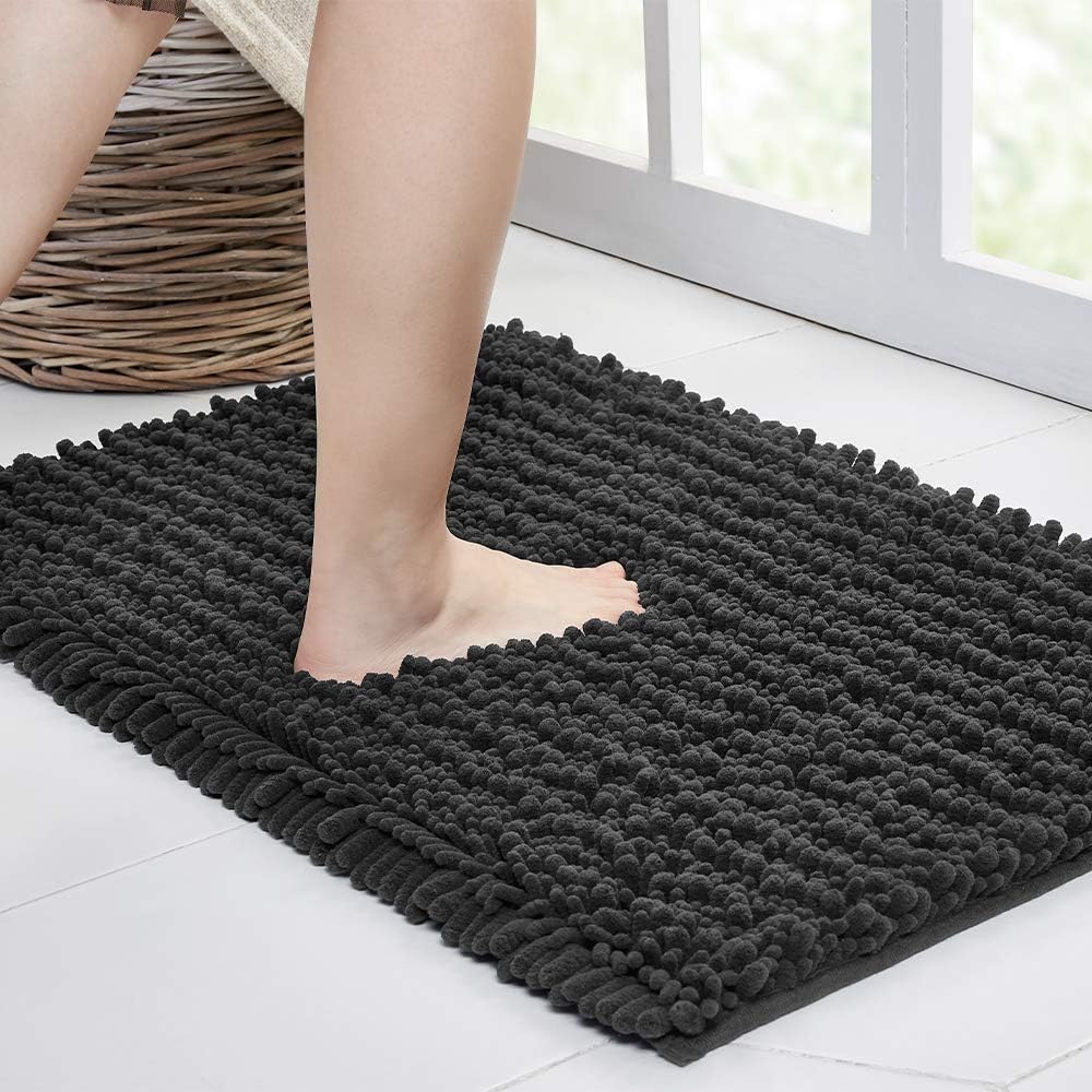 Walensee Large Bathroom Rug Non Slip Bath Mat (72x24 Inch Dark Grey) Water Absorbent Super Soft Shaggy Chenille Machine Washable Dry Extra Thick Perfect Absorbant Best Plush Carpet for Shower Floor