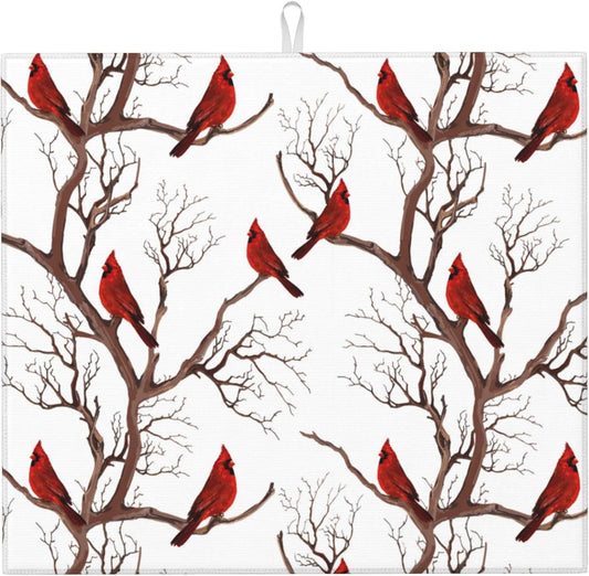 Winter Cardinal Birds Dish Drying Mat for Kitchen Counter Washable Absorbent Drying Mat Reversible Microfiber Drying Pad Home Holiday Decor Kitchen Accessories 16"x18"
