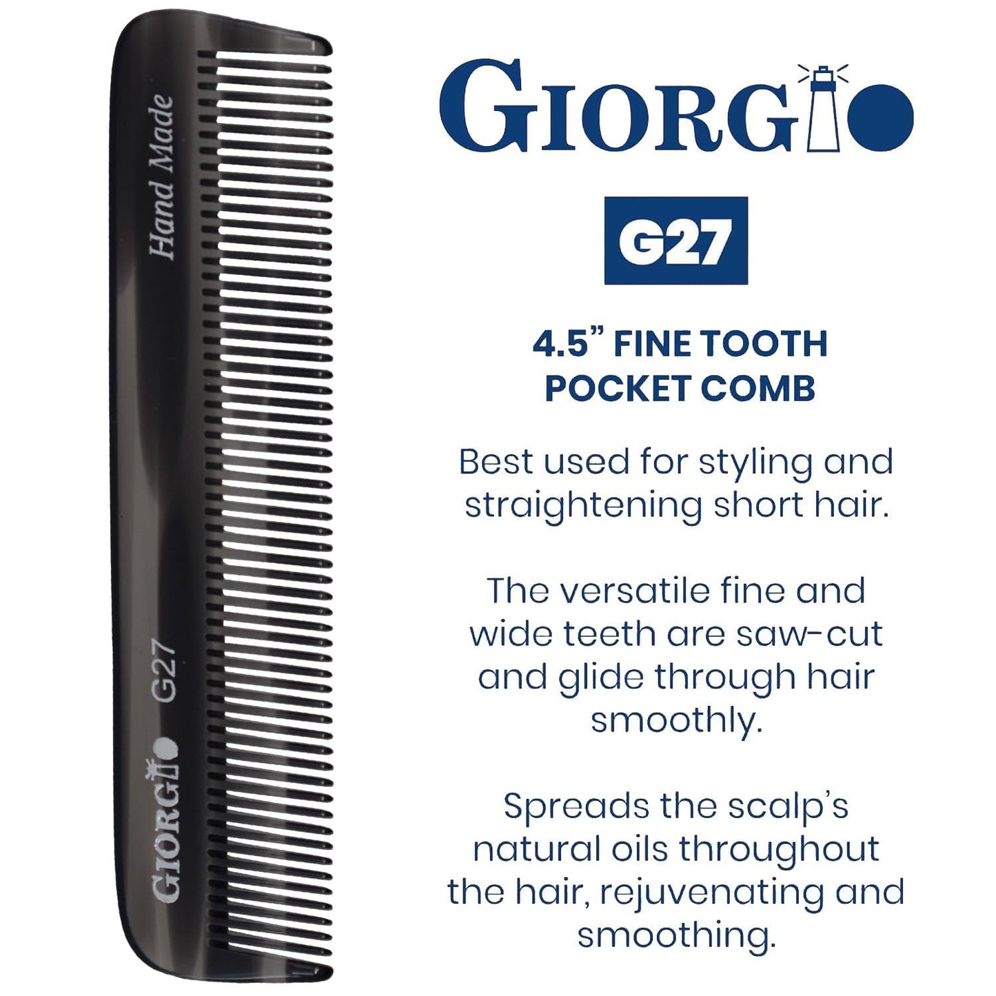 Giorgio G27 Handmade All Fine Tooth Pocket Comb, Hair Comb Straightener for Everyday Grooming Styling Hair, Mustache and Beard for Men Women and Kids, Saw Cut and Polished (Tortoiseshell)