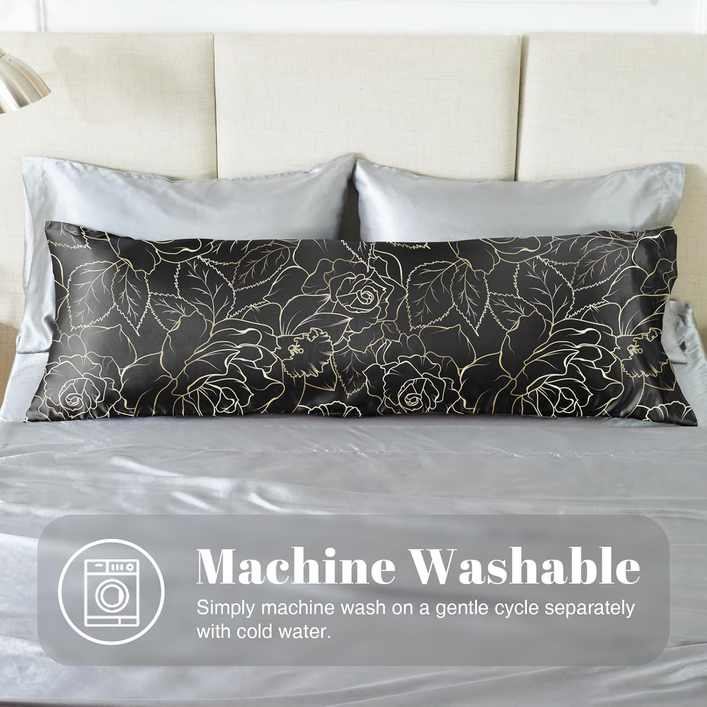 EXQ Home Satin Body Pillowcase for Hair and Skin- Rose on Black Silk Long Pillowcase 20x54 inches - Satin Pillow Cases with Envelope Closure, Gifts for Women