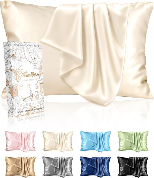 Silk Pillowcase 2 Pack - Pillow Cases Queen Set of 2 Size 20" x 30" for Hair and Skin Smooth Soft Breathable with Hidden Zipper Cooling Pillow Covers for Sleeping Women, Beige