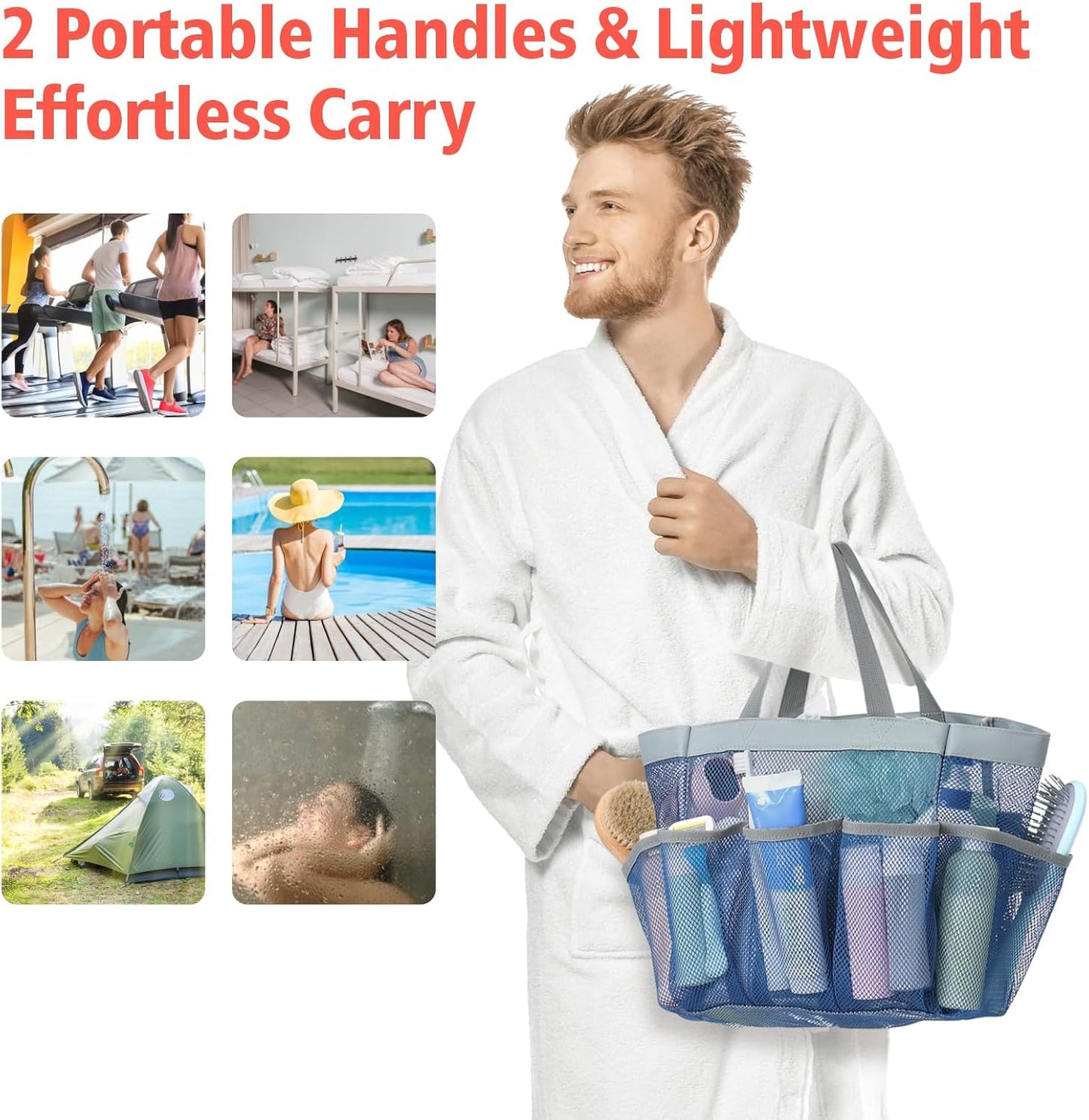 F-color Mesh Shower Caddy Portable - 2 Handles Upgrade Deeper 7 Pockets Basket Bag Tote for College Dorm Room Toiletry Bathroom Essentials Gym Camp Quick Dry with S Hook, 2 Pack, Black & Blue