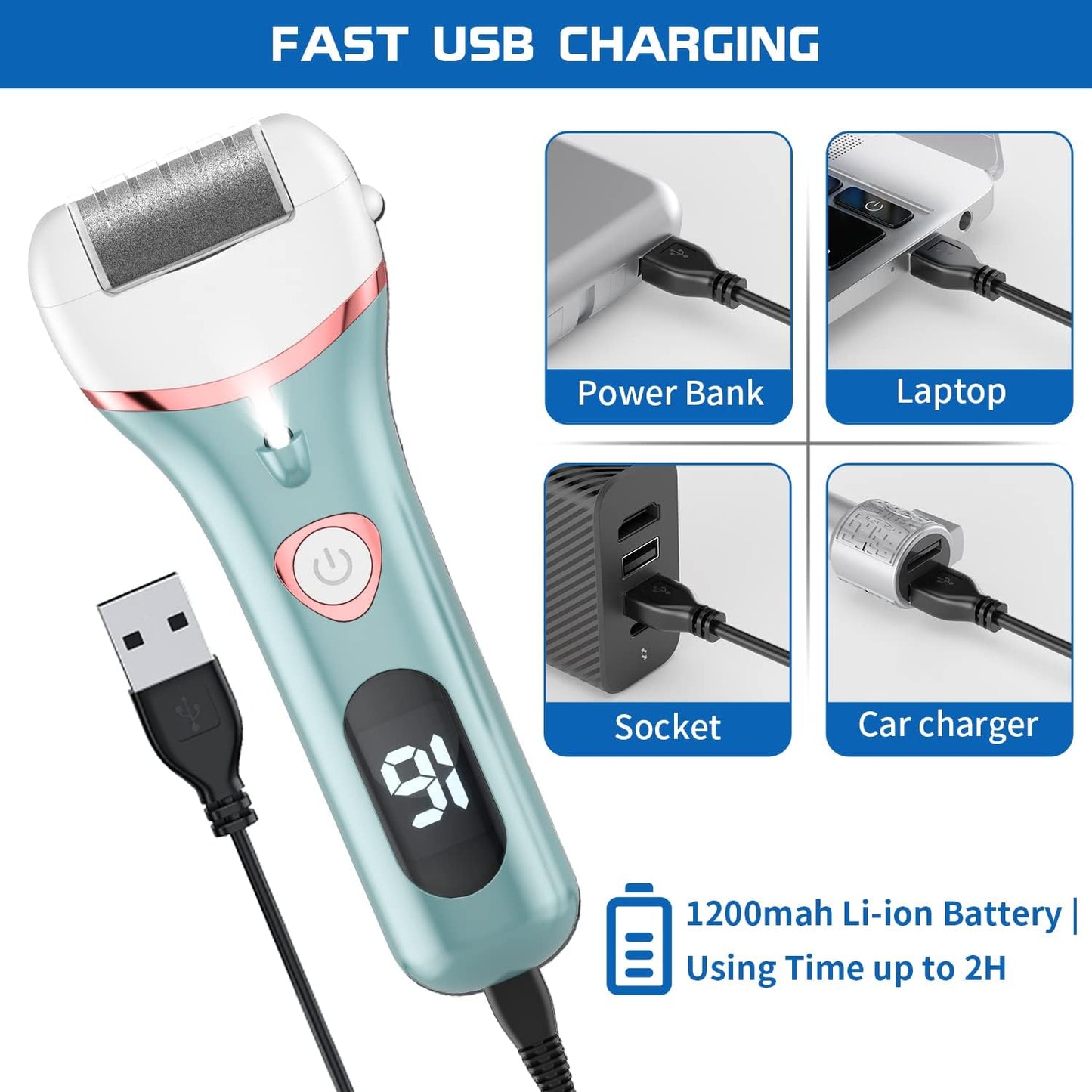 Electric Foot Callus Remover, Rechargeable Portable Electronic Foot File Pedicure Kits, Waterproof Foot Scrubber File, Professional Pedicure Tools, Foot Care for Dead Skin Ideal Gift, 3 Rollers