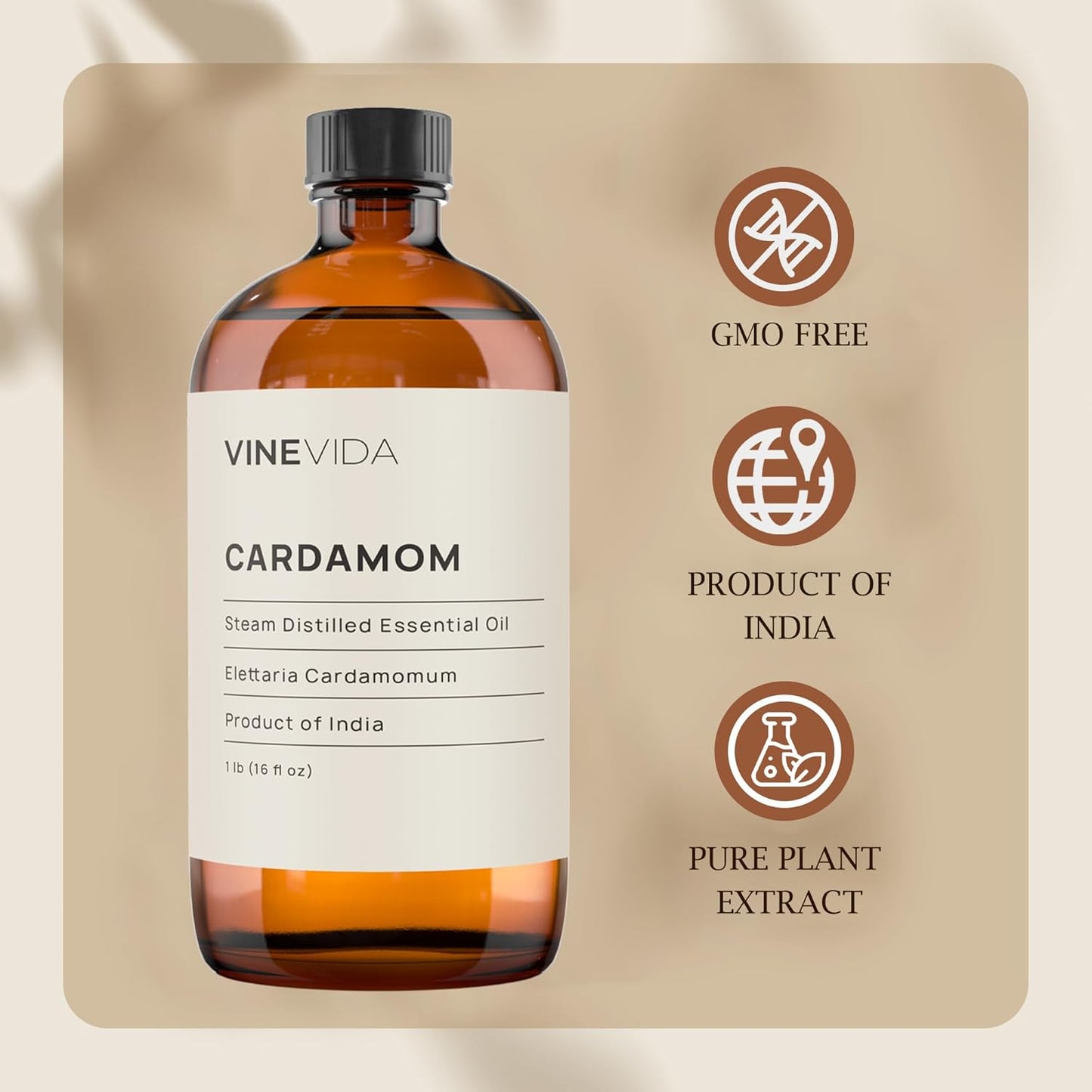 VINEVIDA Cardamom Essential Oil - 16 oz - Undiluted - DIY Candle Scents - Bulk for Soap Making & Skin Safe