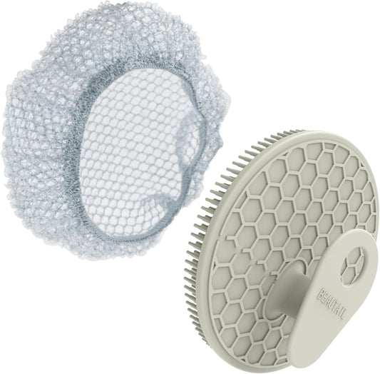 Silicone Body Scrubber with Scrub Net Set, BEAUTAIL 2 Pack for Rich Lather, Deep Cleansing, and Exfoliation – Durable, Easy to Clean, Gentle or Firmer Options – 1 Shower Brush Gray, 1 Scrub Net Gray