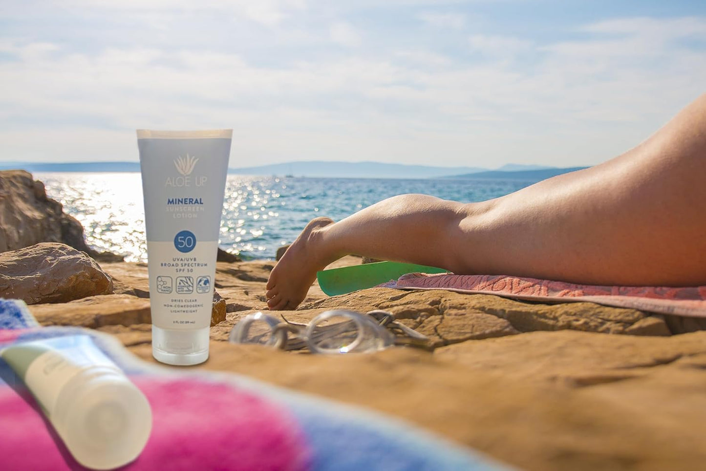 Aloe Up Mineral Sunscreen Lotion SPF 50 - Broad Spectrum UVA/UVB Sunscreen Protector for Face and Body - With Gen2 Zinc Oxide & Aloe Vera Gel - Dries Clear - Reef Safe - Coco-Mango Fragrance - 3 Oz.