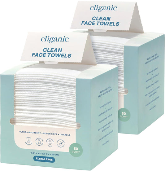 Cliganic Clean Face Towels XL, Multi-Pack (100 Count), Disposable, Ultra-Absorbent, Hypoallergenic & Soft - Makeup Remover Dry Wipes, Pamper Your Face, Hygienic Towelettes, for All Skin Types