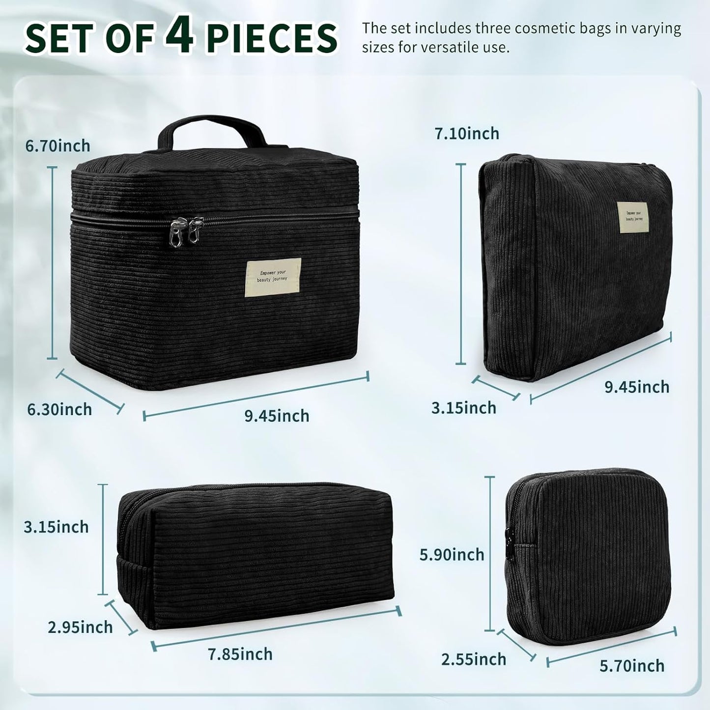 4 Pcs Makeup Bag for Women Corduroy Cosmetic Bag Aesthetic Cute Bags Multi Size Purse Pouch Travel Toiletry Bag Set Makeup Organizer with Zipper (BlackCorduroy)