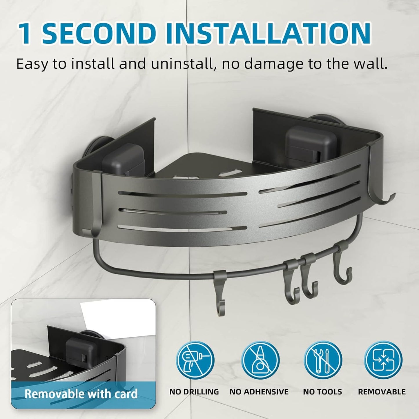 Onemake Corner Shower Caddy Suction Cup, Aluminum Wall Mounted Organizer Shelves Storage Rack with Towel Bar for Small Bathroom Grey