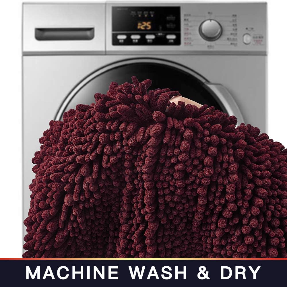 Walensee Large Bathroom Rug Non Slip Bath Mat (24x60 Inch Burgundy) Water Absorbent Super Soft Shaggy Chenille Machine Washable Dry Extra Thick Perfect Absorbant Best Plush Carpet for Shower Floor