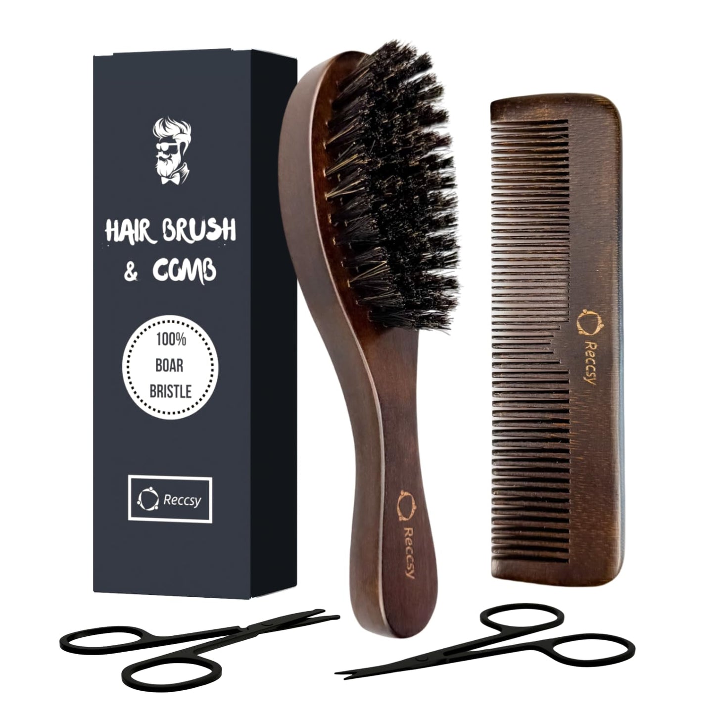 Boar Bristle Hair Brush Set for Men- Wooden Beard & Wave Brush+Bamboo Fine Tooth and Wide Tooth Comb+Small Grooming Scissors for Eyebrow, Nose Hair, Mustache.