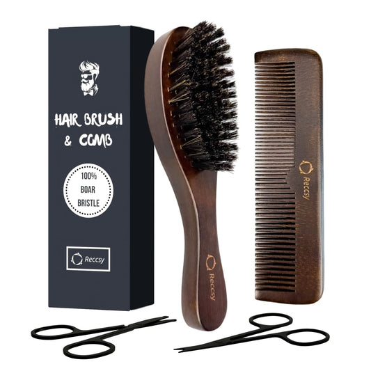 Boar Bristle Hair Brush Set for Men- Wooden Beard & Wave Brush+Bamboo Fine Tooth and Wide Tooth Comb+Small Grooming Scissors for Eyebrow, Nose Hair, Mustache.