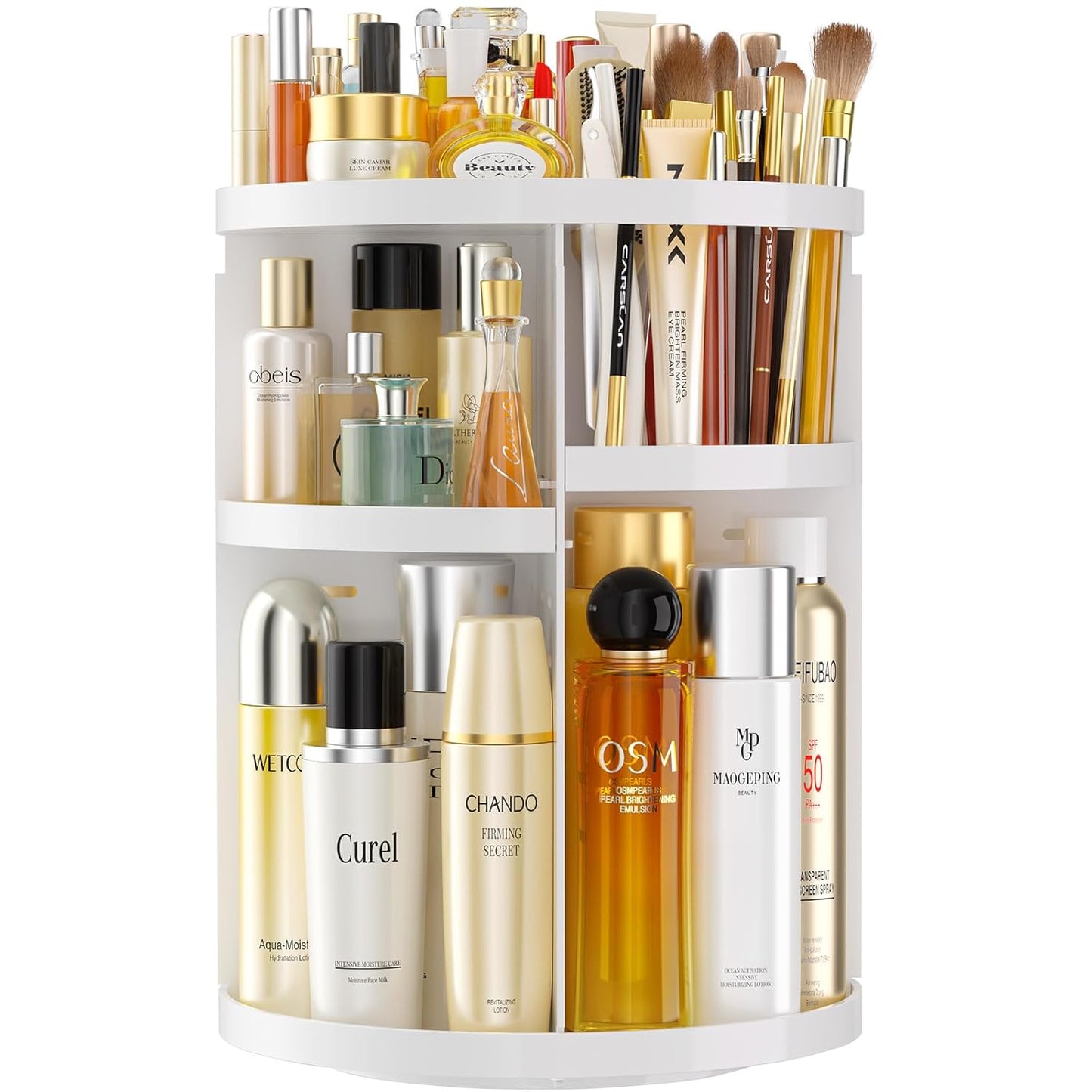 Makeup Organizer 360 rotating, Adjustable Skincare Organizers with Brush Holder, Cosmetics Display Cases for Vanity Bathroom Countertop Large Capacity Carousel Make up Caddy Shelf (White)