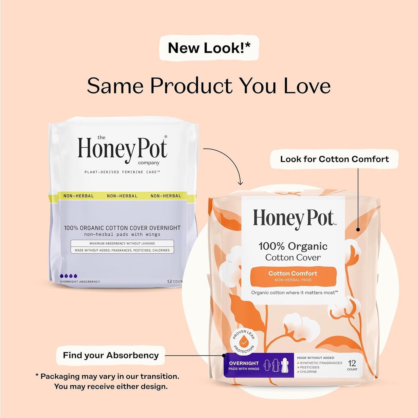 The Honey Pot Company - 48ct - Sanitary Pads for Women - Non-Herbal Overnight w/Wings - Organic Cotton Cover & Ultra-Absorbent Pulp Core - Feminine Care