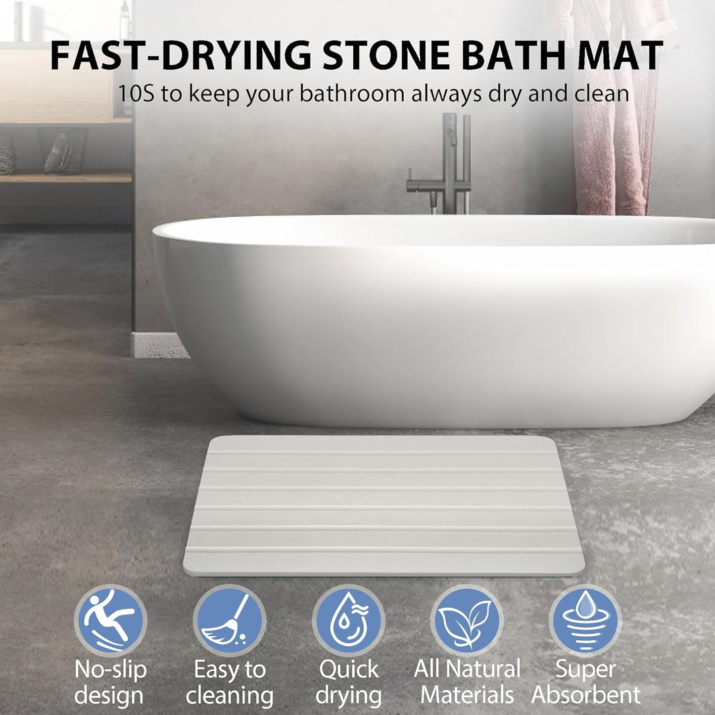 Absorbent Stone Bath Mat, Diatomaceous Earth Shower Mats, Non-Slip Water Absorbing Diatomite Stone Mat for Bathroom Floor, Quick-Drying Easy to Clean