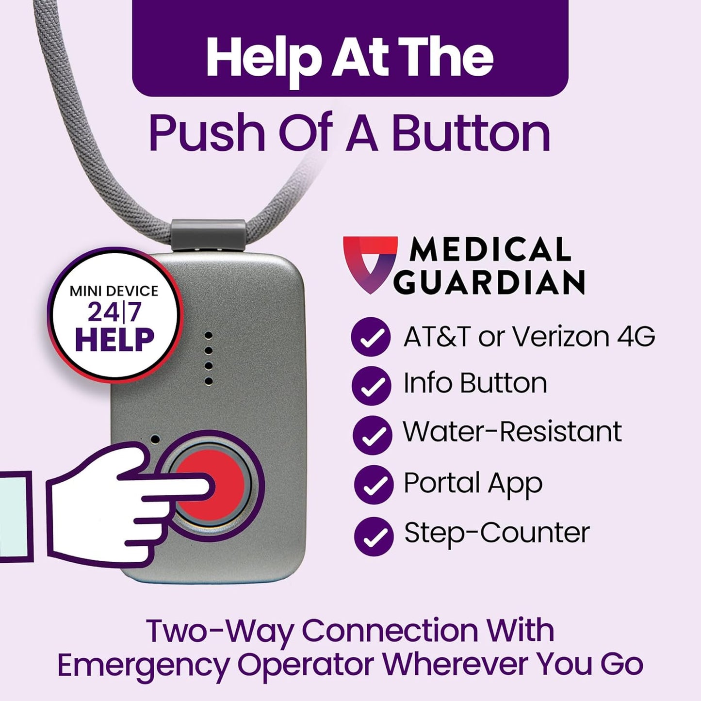 Medical Guardian MGMini | Medical Alert Device for Seniors | Water-Resistant, Emergency Call Button, 24/7 Monitoring, Step Counter, GPS Tracking | Monthly Subscription Required | Silver