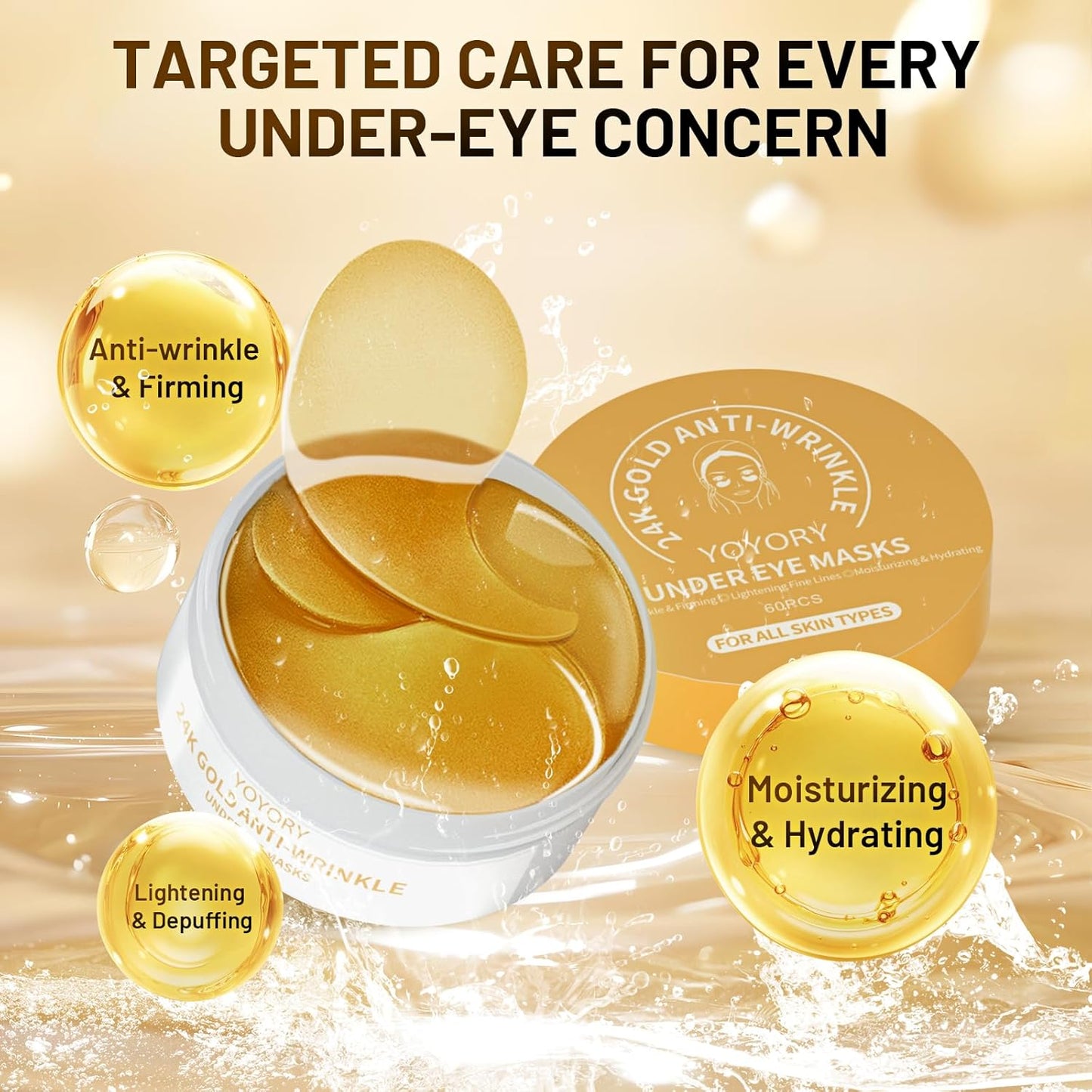 24K Gold Infused Hydrogel Eye Patches - 30 Pairs for Dark Circles, Wrinkles, Eye Bags & Puffy Eyes | Retinol & Collagen Complex, Hydrating Firming Treatment Alternative (Gold)