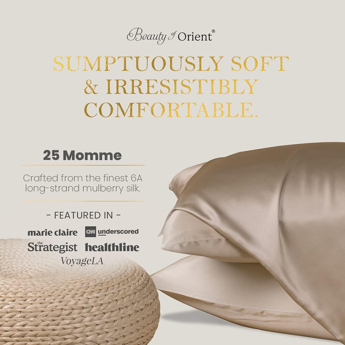25 Momme Premium Mulberry Silk Pillowcase for Hair and Skin | Handcrafted Hypoallergenic & Anti-Acne Silk Pillow Cases with Zipper | Queen - 20" x 30", Vanilla Ice