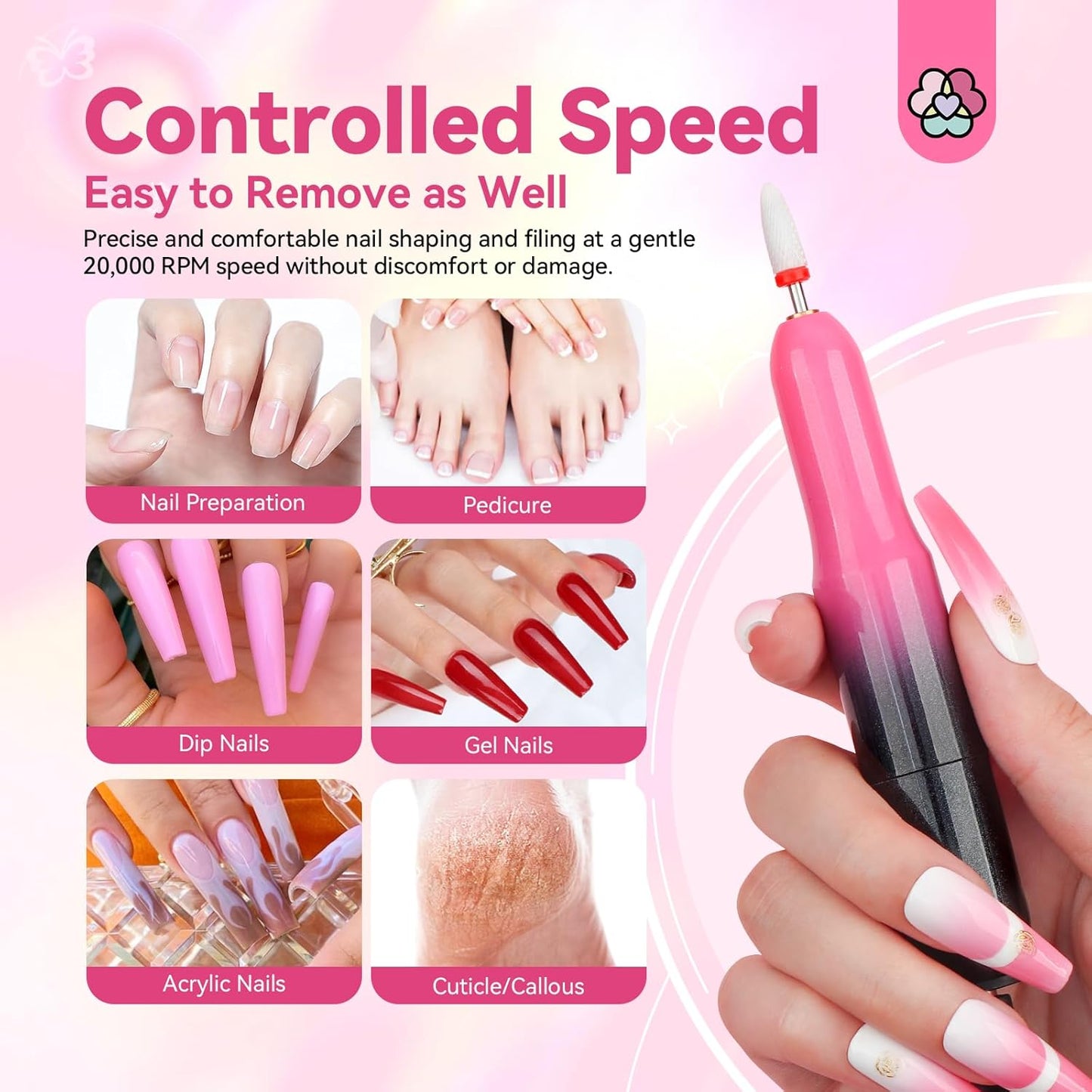 SAVILAND Portable Electric Nail Drill: 20000RPM Electric Nail File Gradient Dark Pink Nail Drill 7 Nail D rill Bits Nail File 51 Sanding Bands Beginners Salon at Home Manicure Pedicure