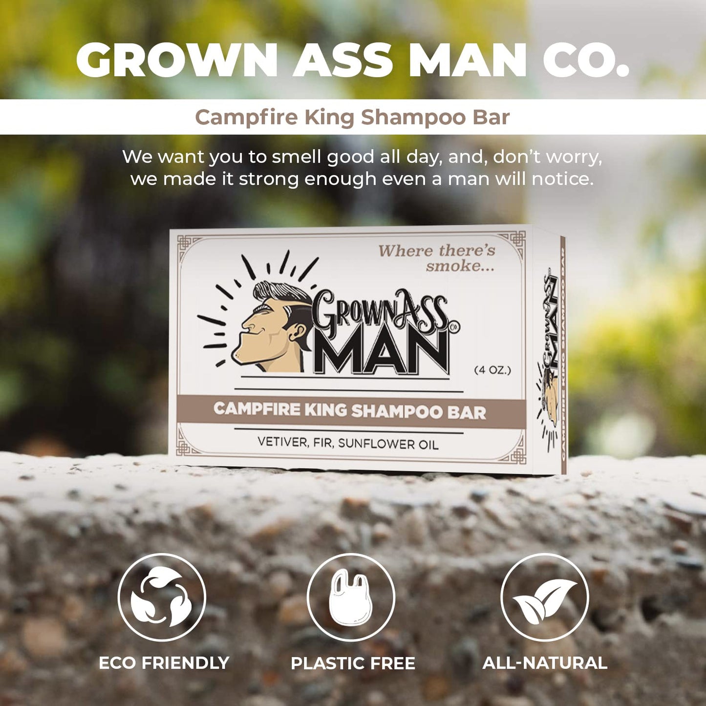 Grown Ass Man Co. - Solid Shampoo Bar Rich Lather 3 in 1: Hair, Beard & Body Wash - Plastic Free & Eco-Friendly, Natural & Organic Clean for All Hair Types, 4oz Bar (Campfire King, 3-Pack)