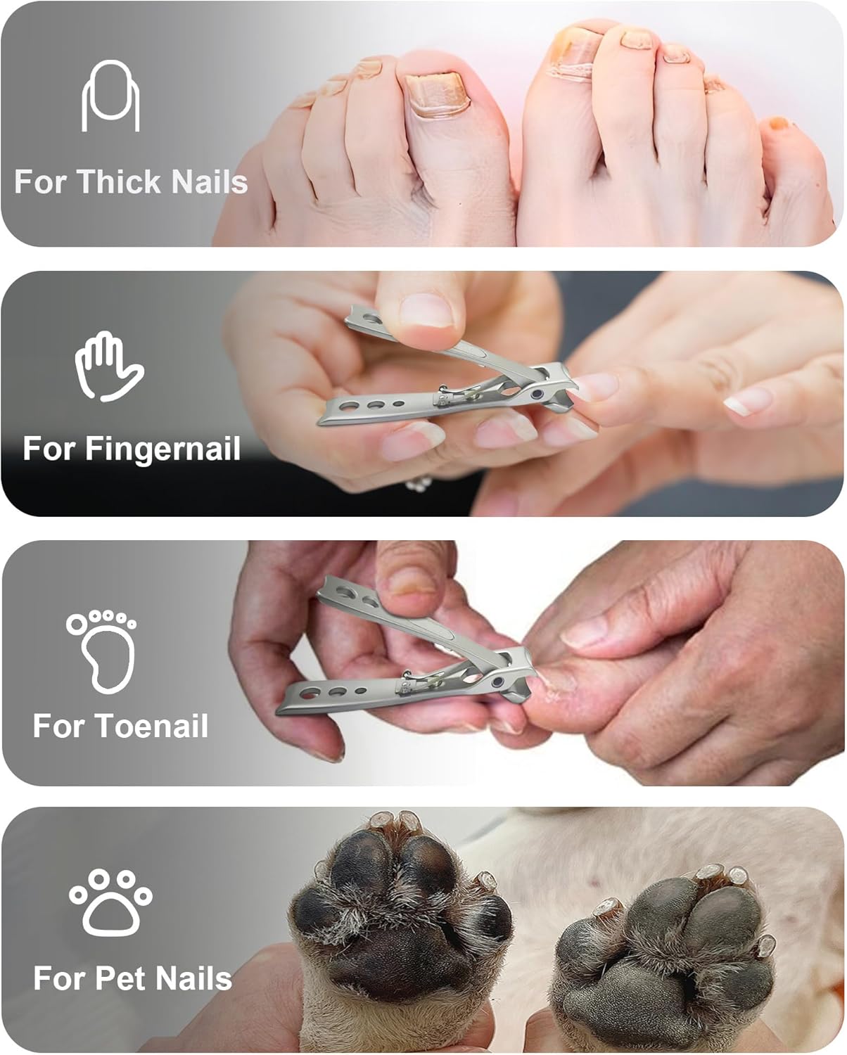 Nail Clippers for Thick Nails, Sturdy Sharp Heavy Duty Large Wide Jaw Opening Anti-Splash Fingernail and Toenail Clipper with Catcher for Seniors, Men & Women, Adult, Silver