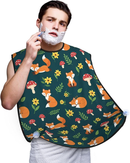 Strong Suction Cup Beard Grooming Bib, Non-Stick Hair Catcher, Waterproof, for Shaving, Summer Leaves Flowers Floral Foxes