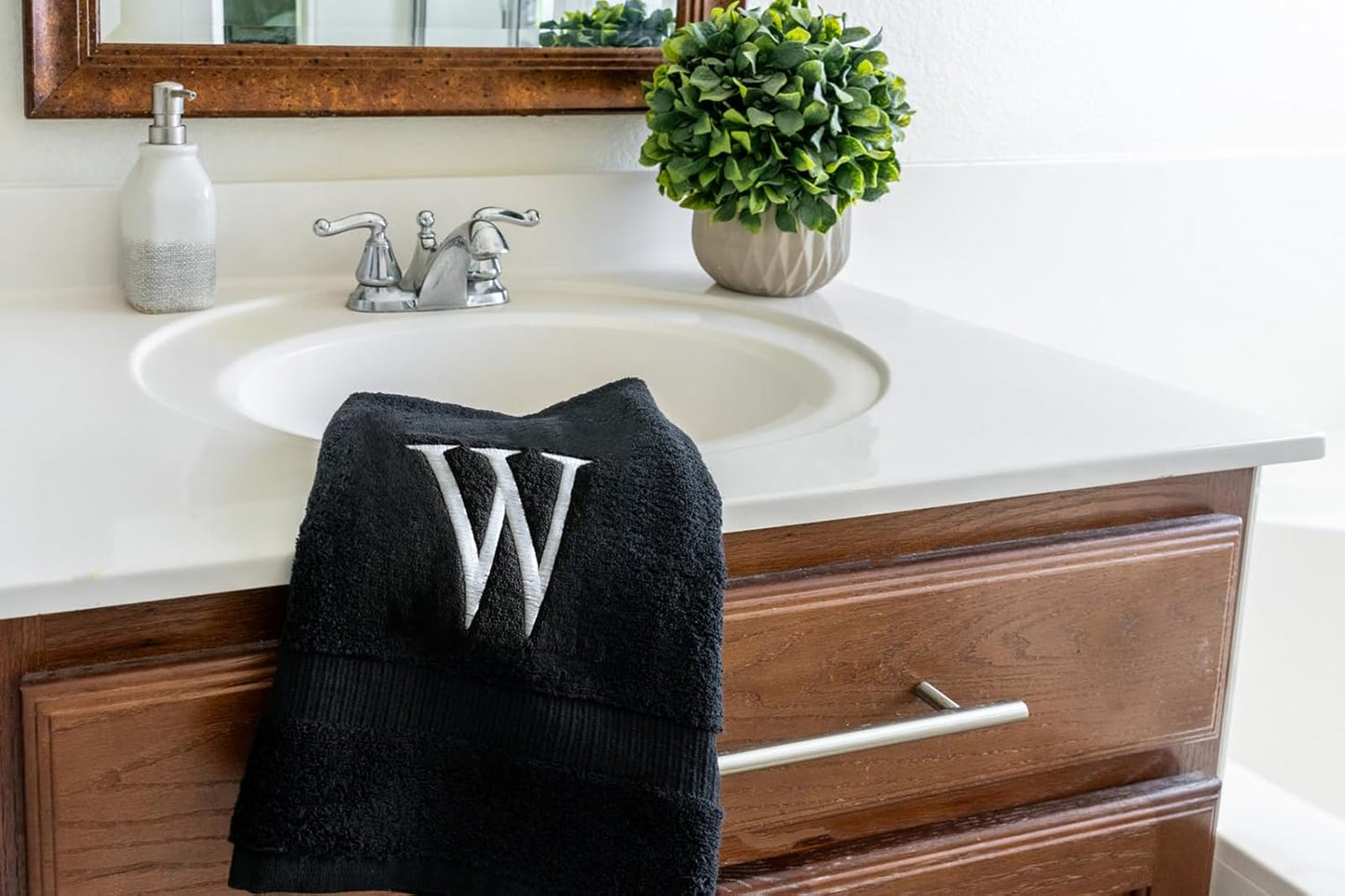 Black Luxury Hand Towel for Bathroom - Monogrammed Initial Hotel Quality Decorative Embroidered Towel for Powder Room, Spa - GOTS Organic Certified - Pack of 2 - Letter W