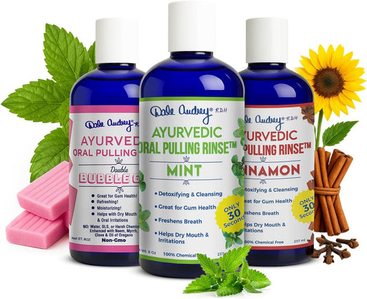 Dale Audrey Ayurvedic Organic Oil Pulling for Teeth and Gums | Oral Rinse Alcohol Free Mouthwash Essential Oils for Bad Breath | Healthy Gums Teeth & Fresh Breath (8 Fl Oz (Pack of 3), Variety Pack)