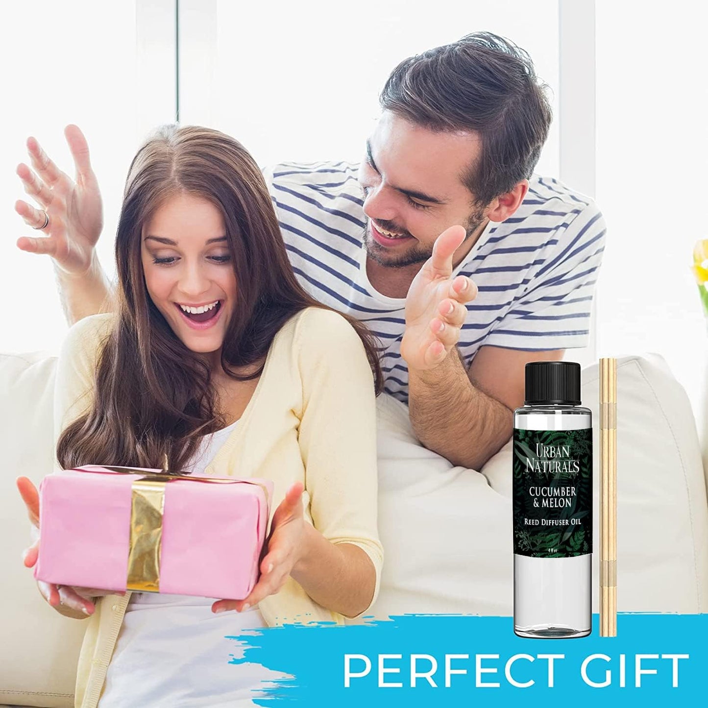 Urban Naturals Reed Diffuser Oil Refill Cucumber Melon, Crisp Cucumber, Juicy Melon, Refreshing Summer Scent, 4 oz + Free Reed Sticks, Made in The USA