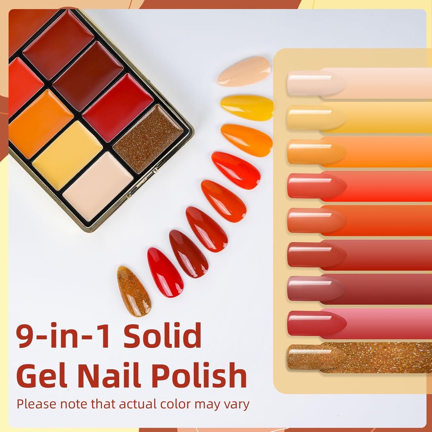Solid Gel Nail Polish Set, 9 Colors Red Orange Shimmer Solid Cream Gel Polish Palette with Brush, Solid Ombre Nail Polish for Women DIY Manicure Art
