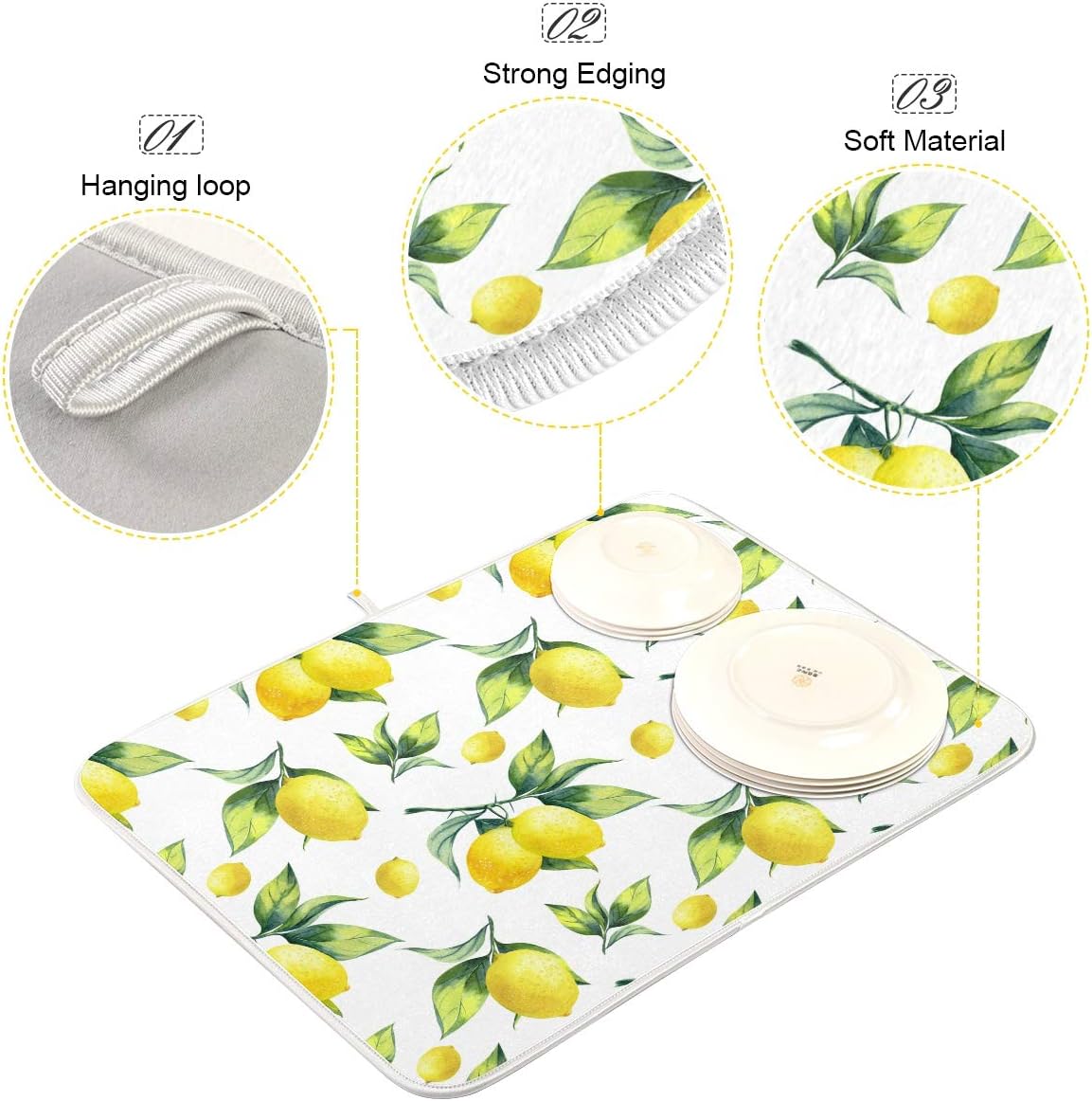 Tropical Lemon Leaves Dish Drying Mat 18x24 for Kitchen Lemon Yellow Lime Tree Dishes Pad Dish Drainer Rack Mats Absorbent Fast Dry Kitchen Accessories