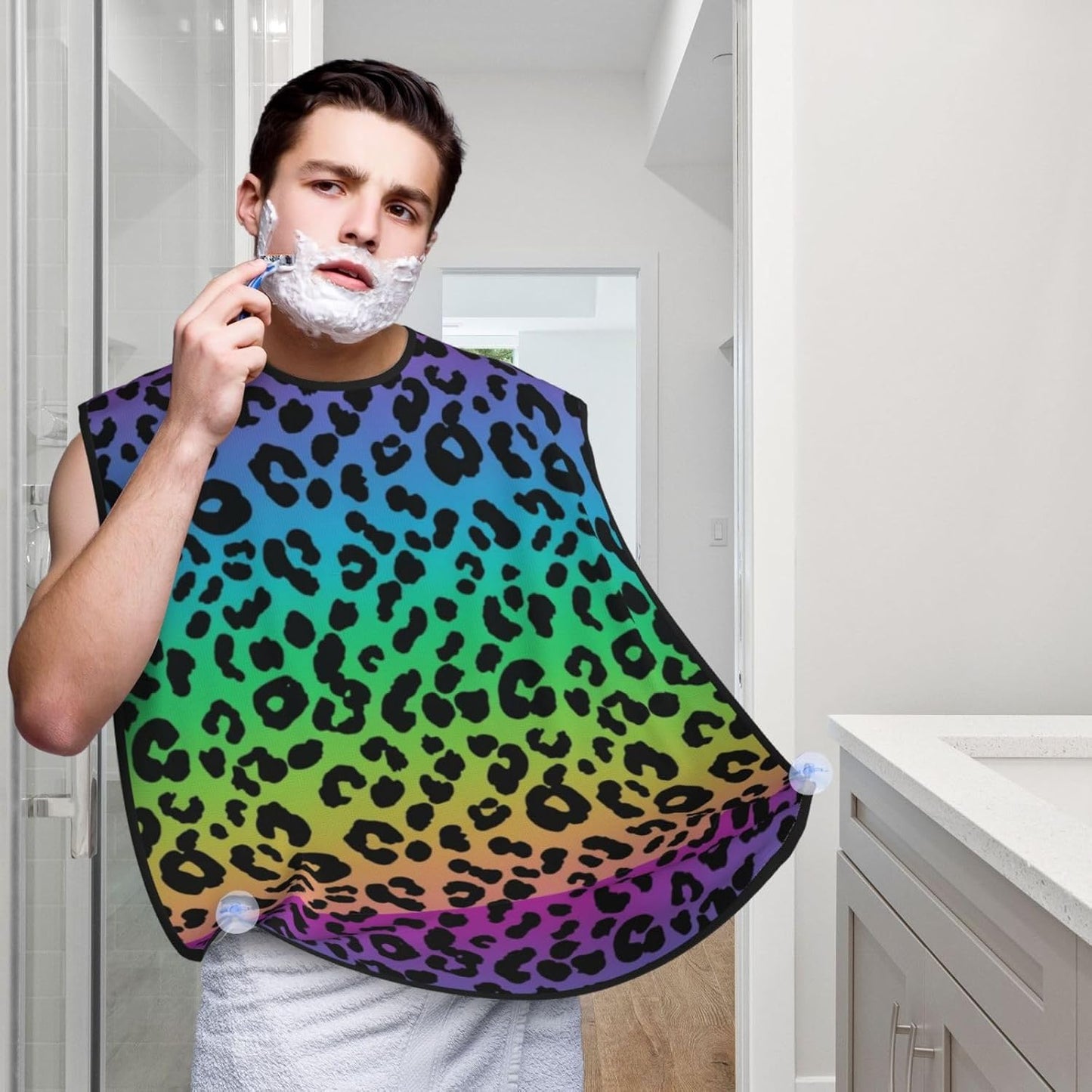 Waterproof Grooming Apron, Non-Stick Beard Bib with Suction Cups, for Colorful Cheetah Leopard Animal Print Rainbow