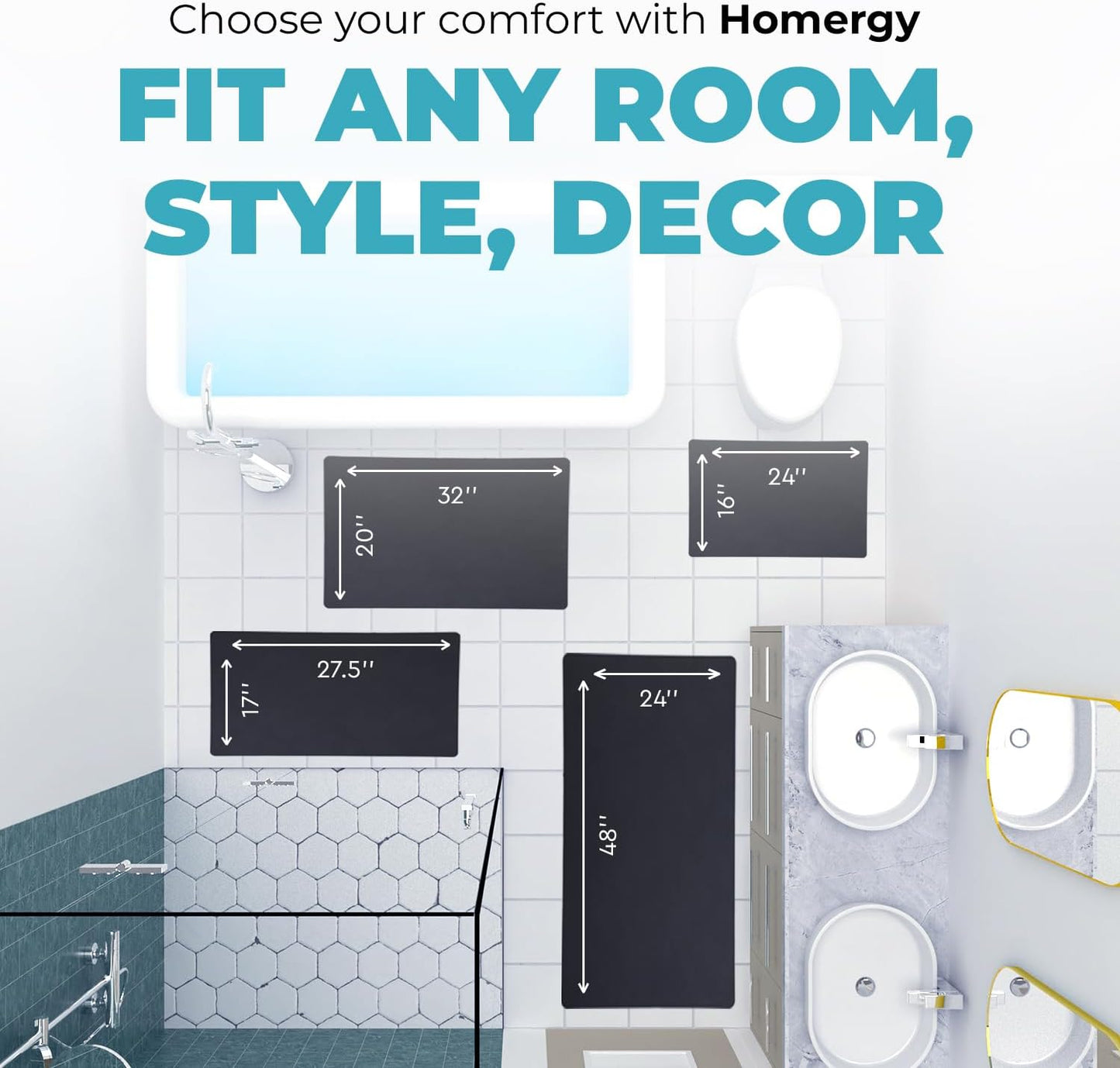 Homergy Bath Mat – Super‑Absorbent & Quick‑Dry with Non‑Slip Rubber Backing, Machine Washable & Odor Resistant – 24x48 in, Black