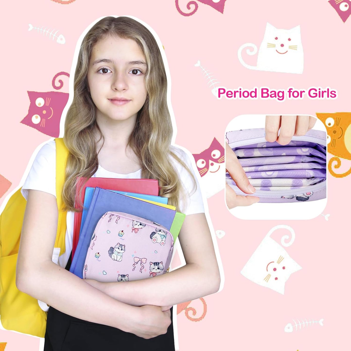 Tampon Holder for Purse, Canvas Period Bag Sanitary Napkin Storage Bag for Girls Womens, Portable Feminine Emergency Pad Period Pouch(Colorful Kittens)