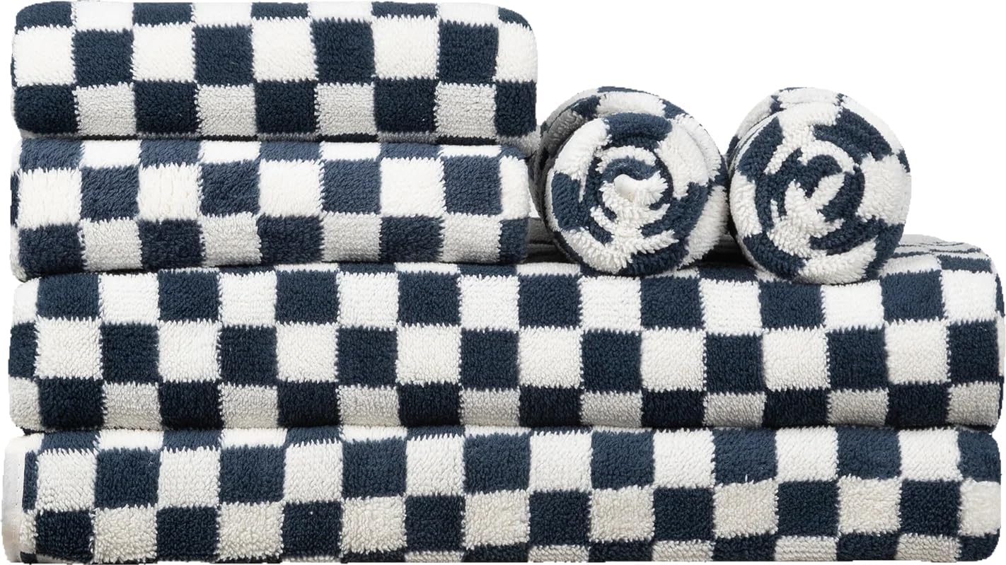 Checkered Bath Towels Set of 6 Large, Microfiber Shower Towels * 2 (55.12"*27.56"), Hand Towels * 4 (29.52"*13.77"),Towels for Bathroom、Pool、Hotel, Spa, Soft Absorbent Quick-Dry（Blue）