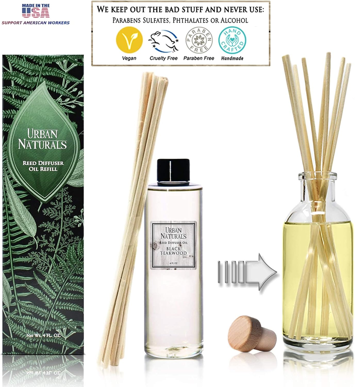 Urban Naturals Black Teakwood Reed Diffuser Oil and Sticks Set Refill | Includes a Free Set of Reed Sticks! Fresh Herbs, Birch, Pear, Sage & Amber Fragrance Notes | 4 oz.