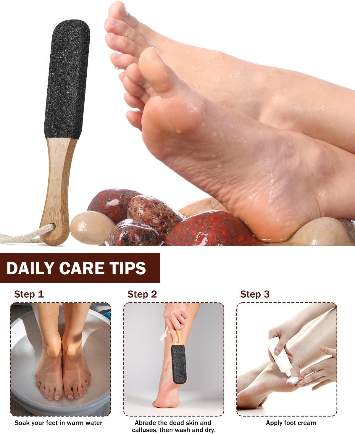 BEZOX Foot Pumice Stone Pedicure File(1 PCS) - Wooden Handle Foot File Callus Remover for Smoother Feet and Hands - Foot Scrubber, Heel Sander and Dead Skin Scraper - Black