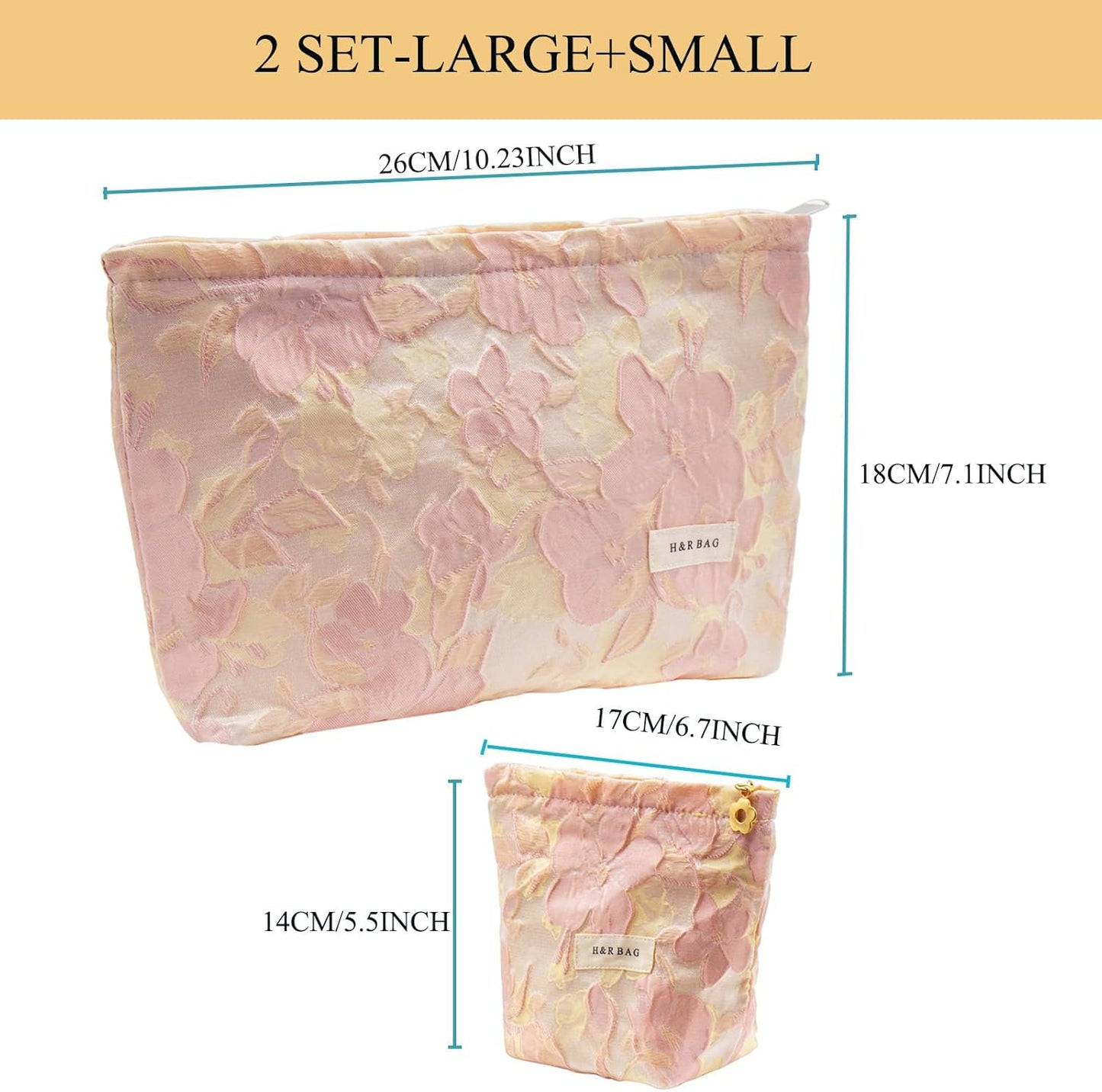 2 Pcs Makeup Bags, Large Cosmetic Bag Travel Toiletry Bag Organizer for Women, Embroidery Craft, Floral Makeup Bag Small Cosmetic Pouch Purse with Zipper Gifts for Girls Teen