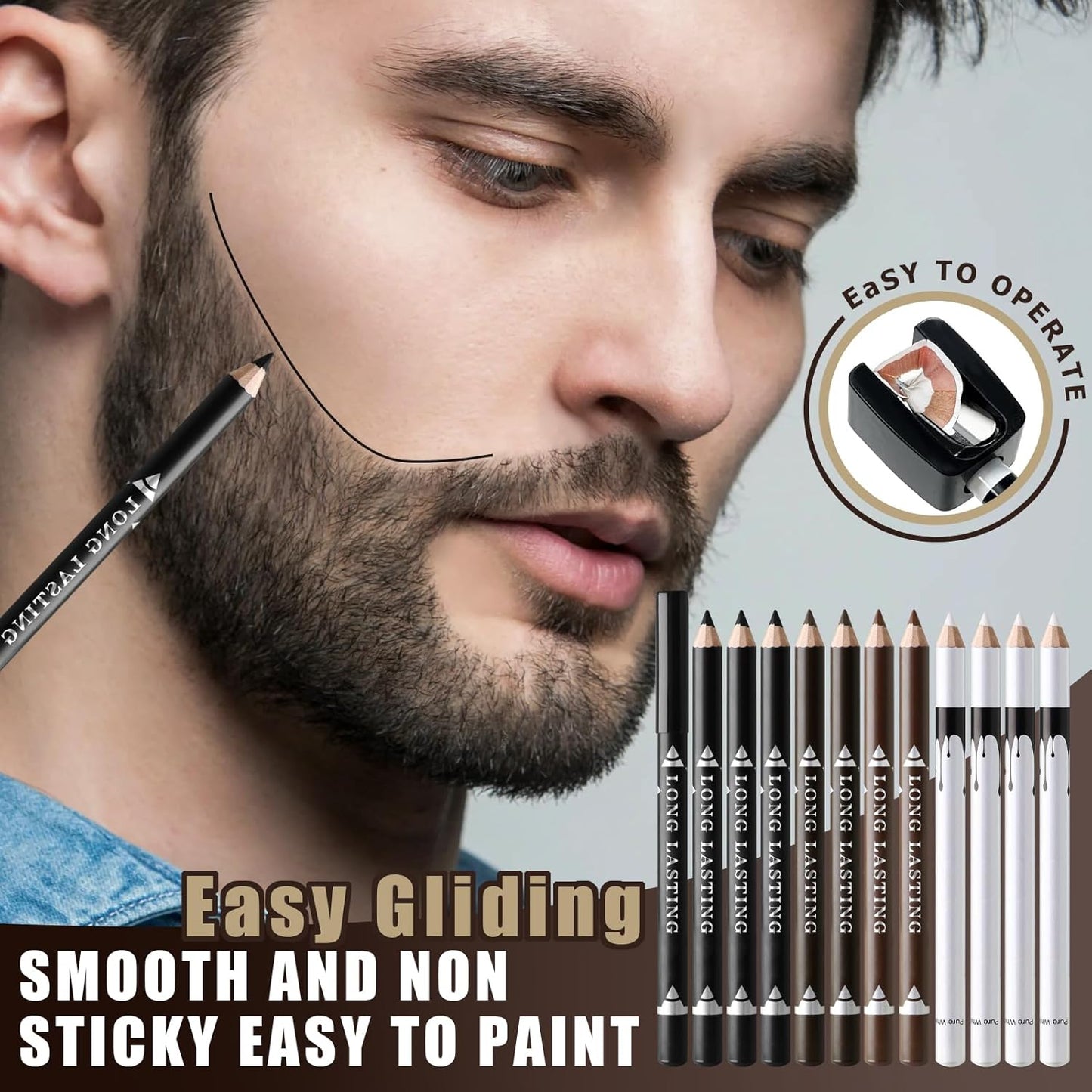 12Pcs Barber Pencil Set Magic Hairline Pencils for Lineup Beard Shaping Guide Pen with Sharpener Barber Chalk for Men Makeup Design White Black Dark Brown Light Brown