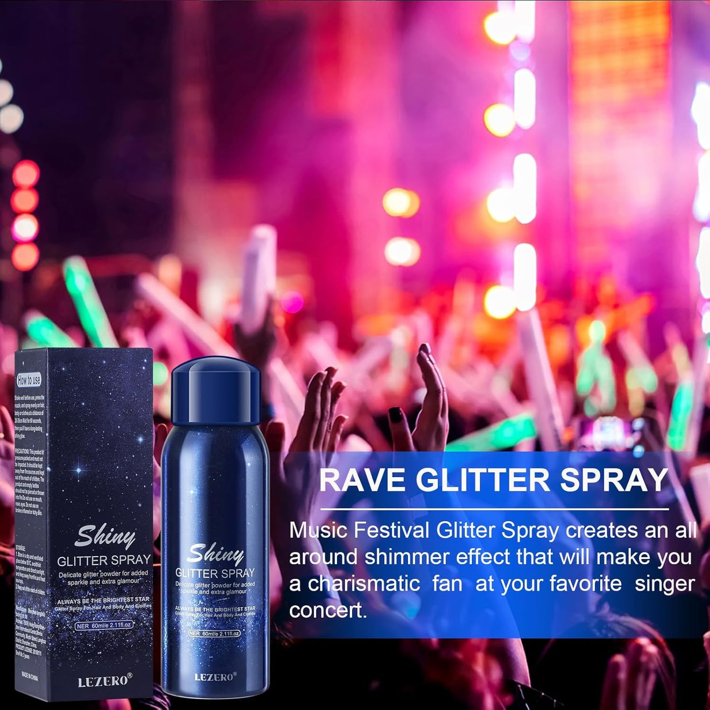 Lezero Body Glitter Spray, Temporary Shiny Hairspray for Face, Hair, Clothing, Long Lasting Quick-Drying Shimmer Mist for St. Patrick's Day, Music Festival Rave, Nightclub Party, Prom, 2oz
